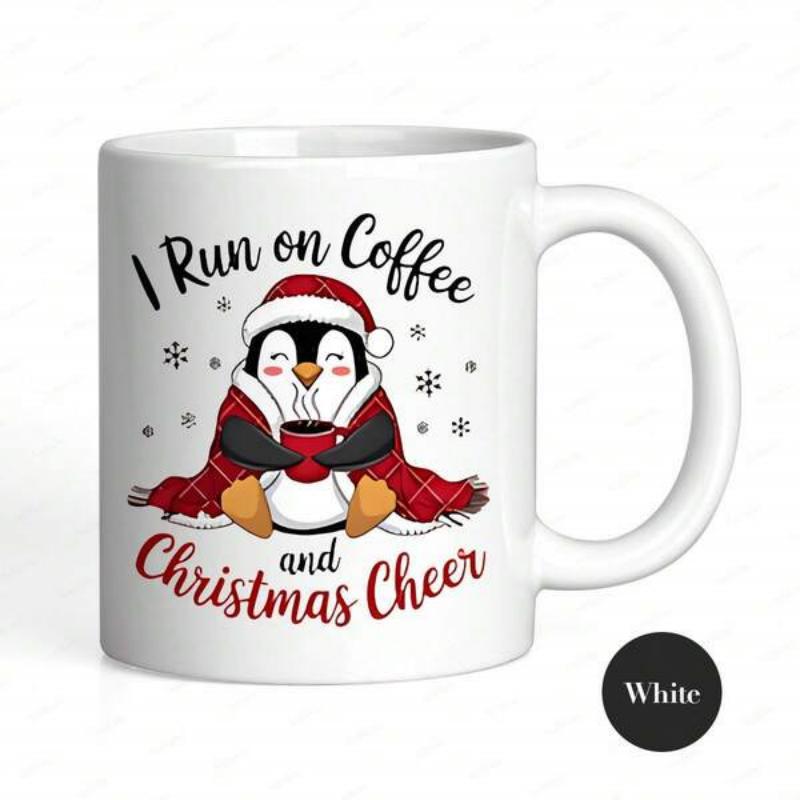 Tailorly White Ceramic 11 oz Mug - I Run On Coffee And Christmas Cheer Adorable Festive Bird Wrapped In Red Plaid Blanket Holding Coffee Penguin