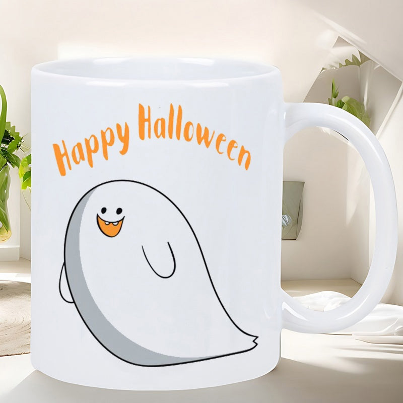 Tailorly White Ceramic 11 oz Mug - Happy Halloween Cheerful White Smiling Cartoon Figure Floating In A Playful Manner Ghost
