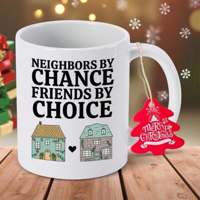 Tailorly White Ceramic 11 oz Mug - Neighbors By Chance Friends By Choice Cozy Illustration Featuring Two Small Colorful Cottages And A Tiny Black Heart House