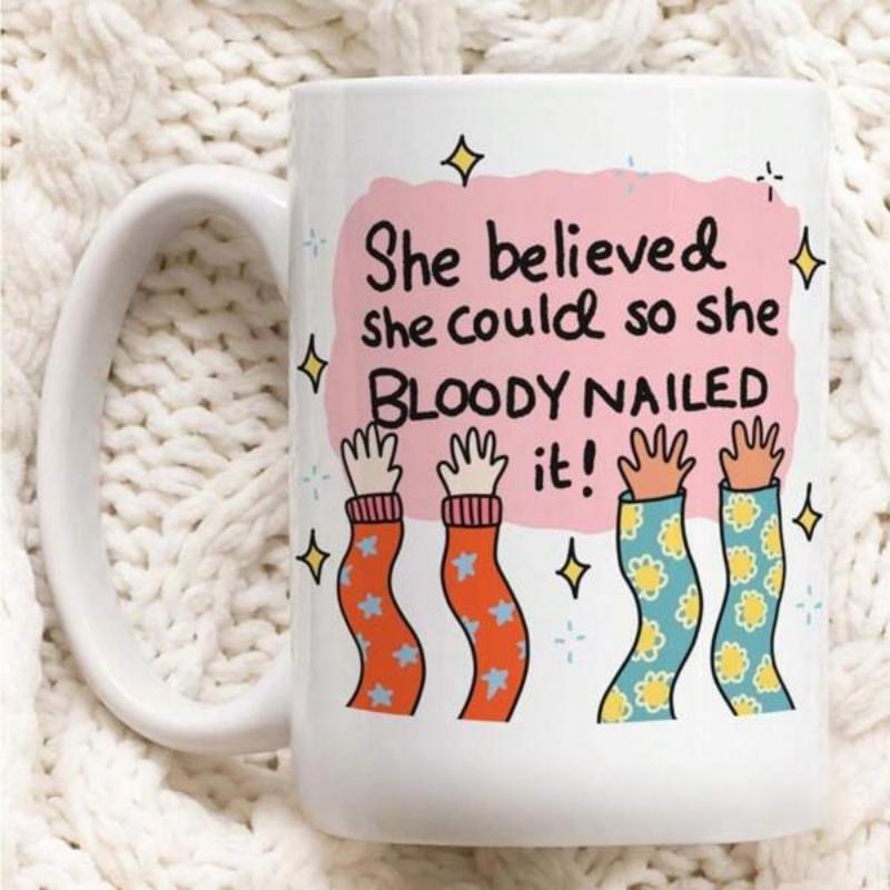 Tailorly White Ceramic 11 oz Mug - She Believed She Could So She Bloody Nailed It Joyful Raised Hands With Vibrant Patterned Sleeves And Glowing Stars Hands