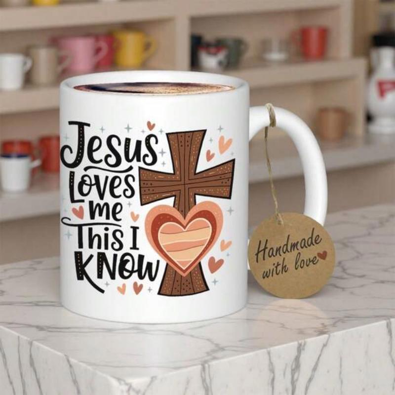 Tailorly White Ceramic 11 oz Mug - Jesus Loves Me This I Know Wooden Texture Symbol With Layered Heart Surrounded By Tiny Hearts Pattern Cross