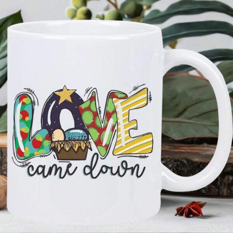 Tailorly White Ceramic 11 oz Mug - Love Came Down Colorful Patterned Script Letters Featuring Sacred Manger Scene With Golden Stars Love