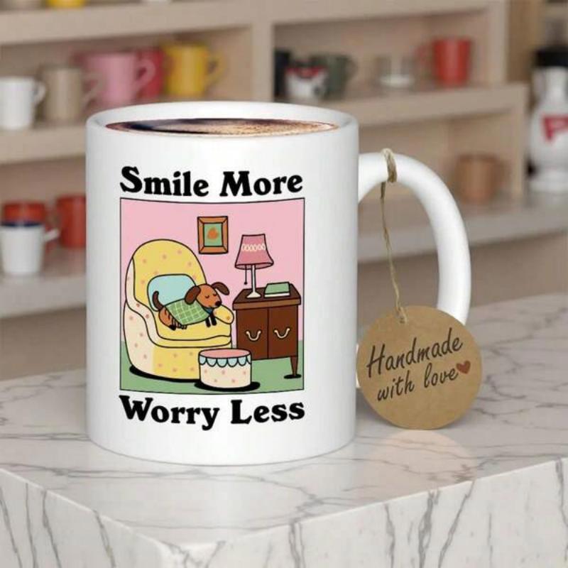 Tailorly White Ceramic 11 oz Mug - Smile More Worry Less Cozy Indoor Scene With A Cute Dog Resting On Yellow Armchair Dog