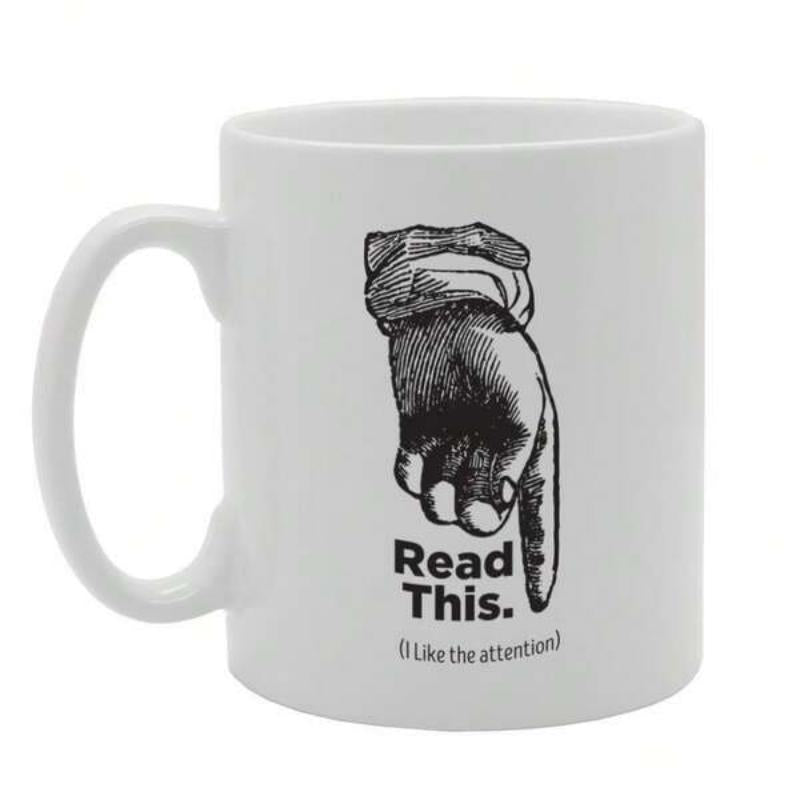 Tailorly White Ceramic 11 oz Mug - Read This Sketch Style Hand Pointing Downwards With Modern Sans Serif Bold Font Hand