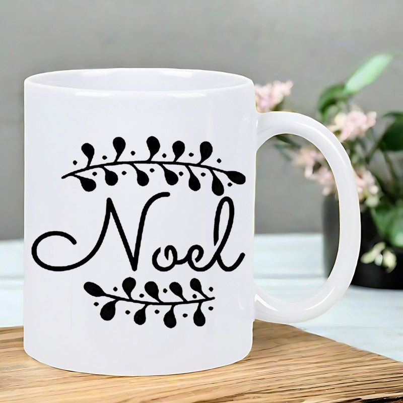 Tailorly White Ceramic 11 oz Mug - Noel Elegant Script Decorated With Stylized Leafy Branches Above And Below Mug