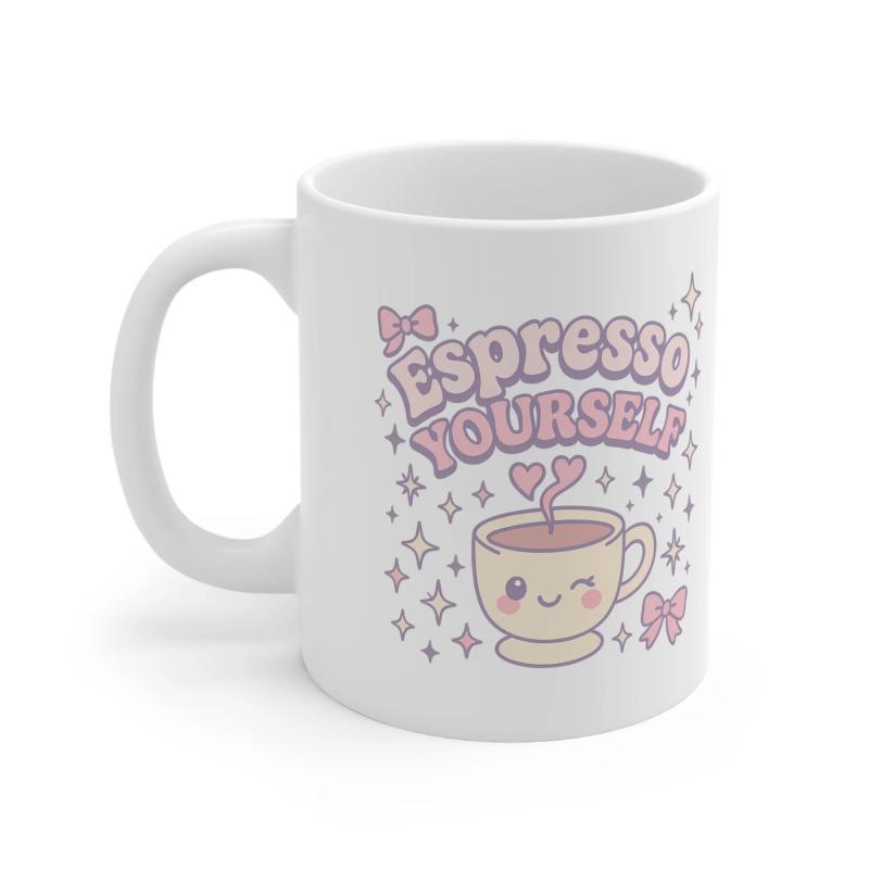 Tailorly White Ceramic 11 oz Mug - Espresso Yourself Adorable Smiling Kawaii Design With Heart Steam Among Bows And Sparkles Mug