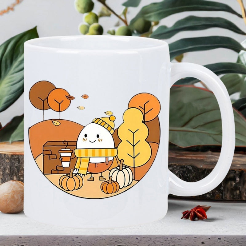 Tailorly White Ceramic 11 oz Mug - Smiling Egg Character Wearing Scarf Standing Among Autumn Foliage And Pumpkins Character