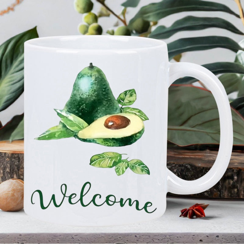 Tailorly White Ceramic 11 oz Mug - Welcome Watercolor Style Sliced Green Fruit With Leaves And Textured Skin Avocado