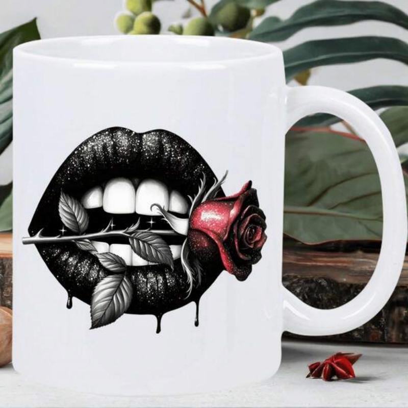 Tailorly White Ceramic 11 oz Mug - Artistic Black Dripping Biting A Delicate Vibrant Red Rose Lips