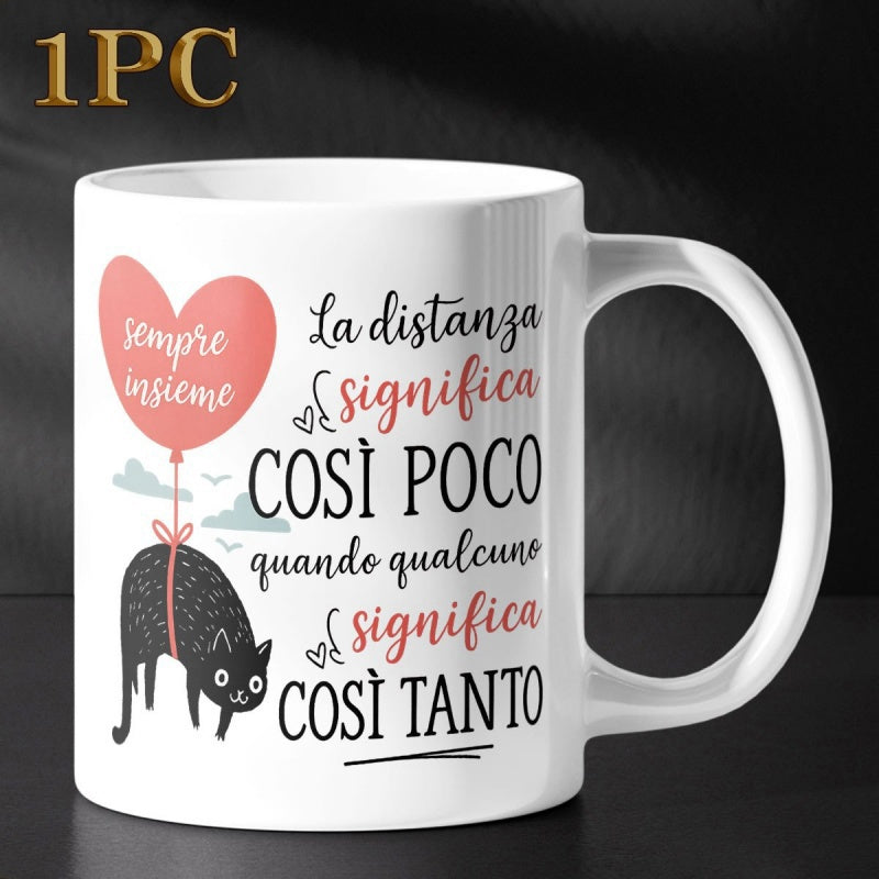 Tailorly White Ceramic 11 oz Mug - Adorable Black Cat Floating With Large Pink Heart Balloon Above Clouds Cat