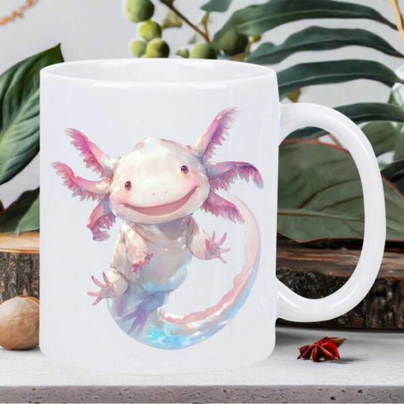 Tailorly White Ceramic 11 oz Mug - Adorable Watercolor Pink Smiling Creature Floating In Soft Blue Water Axolotl