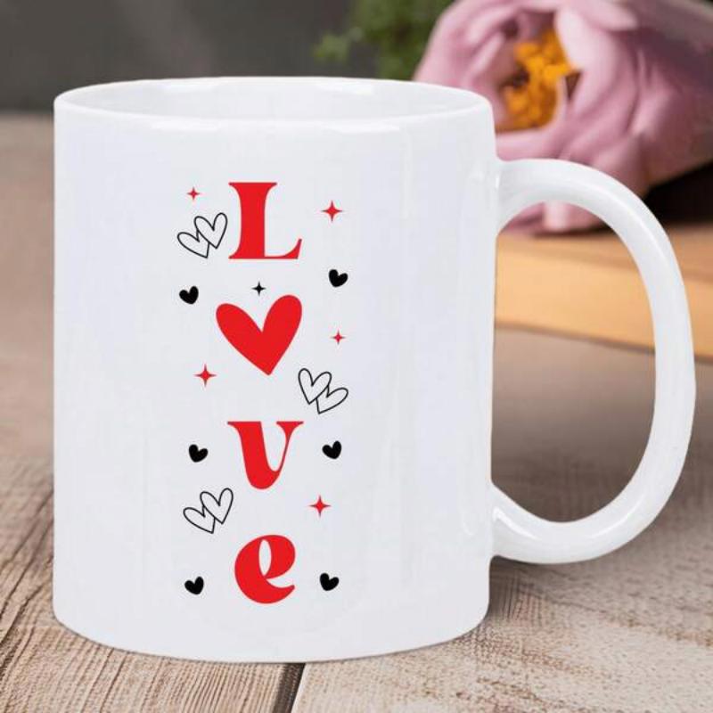 Tailorly White Ceramic 11 oz Mug - Love Romantic Vertical Letters Decorated With Twinkling Stars And Tiny Hearts Heart