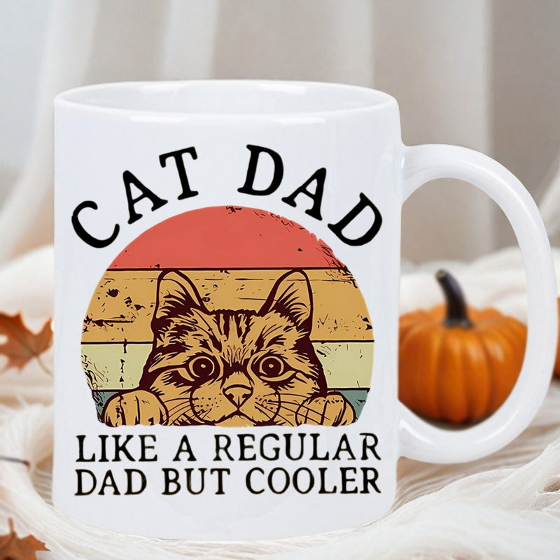 Tailorly White Ceramic 11 oz Mug - Cat Dad Like A Regular Dad But Cooler Retro Vintage Style Sunset Backdrop Featuring A Peeking Tabby Cat