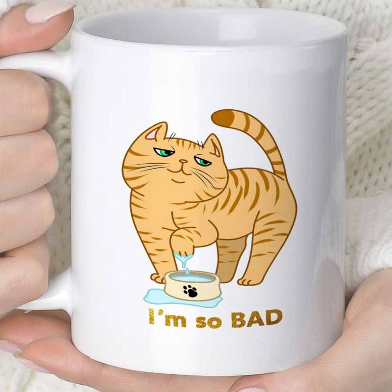 Tailorly White Ceramic 11 oz Mug - Im So Bad Playful Orange Tabby Dipping Paw Into Water Bowl Smug Expression Cat