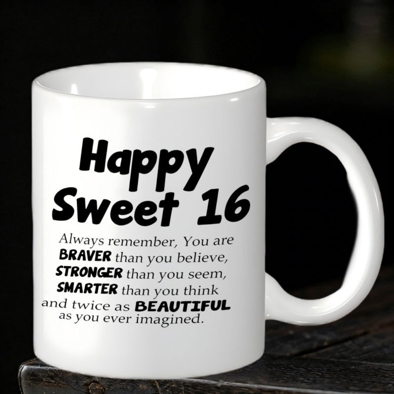 Tailorly White Ceramic 11 oz Mug - Happy Sweet 16 Minimalist White Ceramic Vessel With Elegant Bold Black Lettering Style Mug