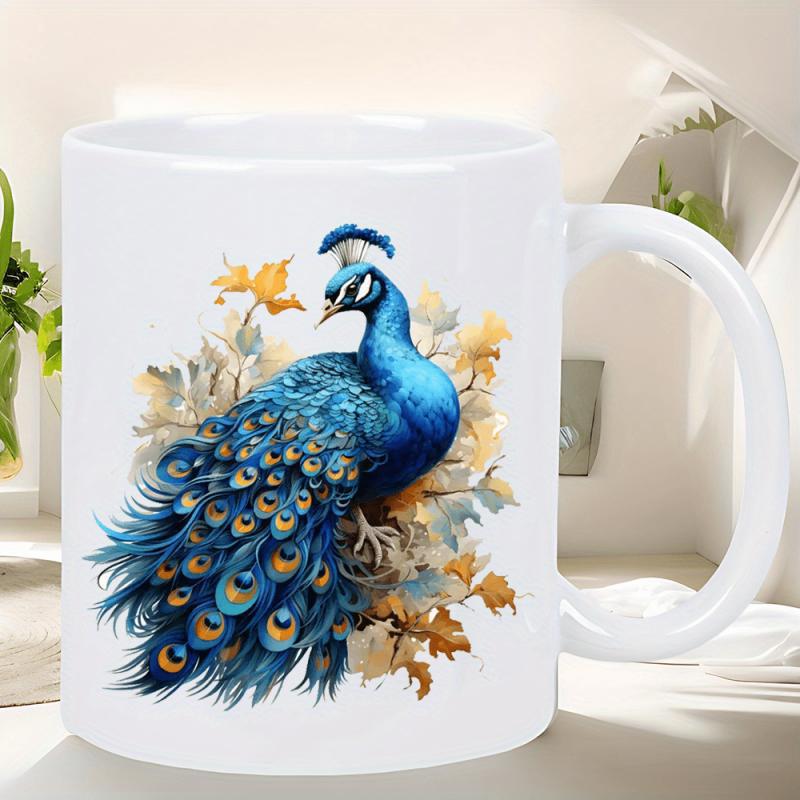 Tailorly White Ceramic 11 oz Mug - Elegant Blue Majestic Bird Resting Among Golden Autumn Leaves With Vibrant Feathers Peacock