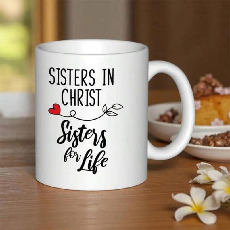Tailorly White Ceramic 11 oz Mug - Sisters In Christ Sisters For Life Minimalist White Ceramic Vessel Featuring Delicate Heart And Leaf Flourish Design Mug