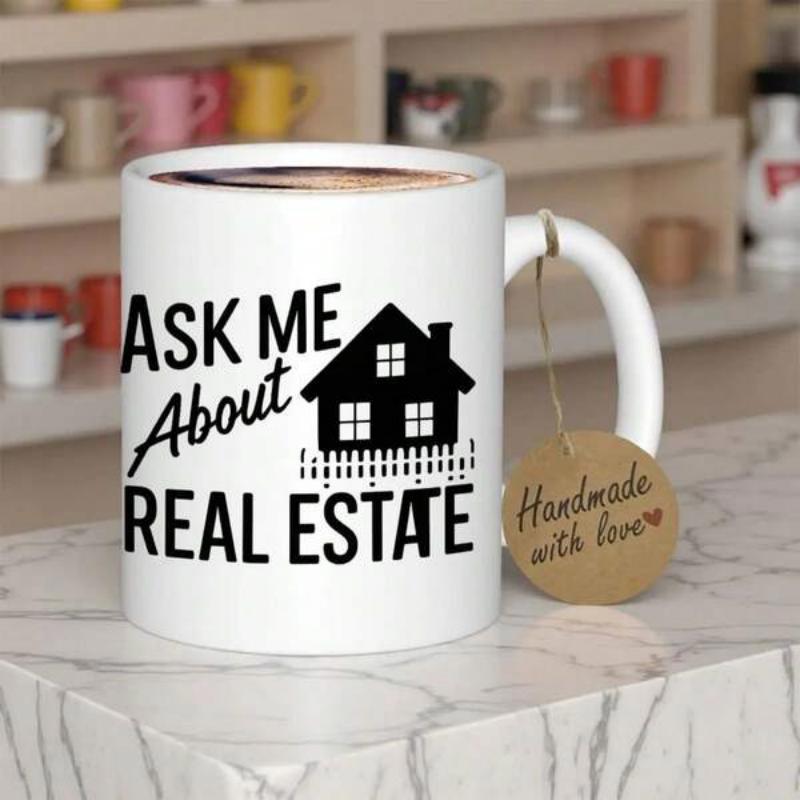 Tailorly White Ceramic 11 oz Mug - Ask Me About Real Estate Simple Black Silhouette Of A Small Home Behind A Fence House