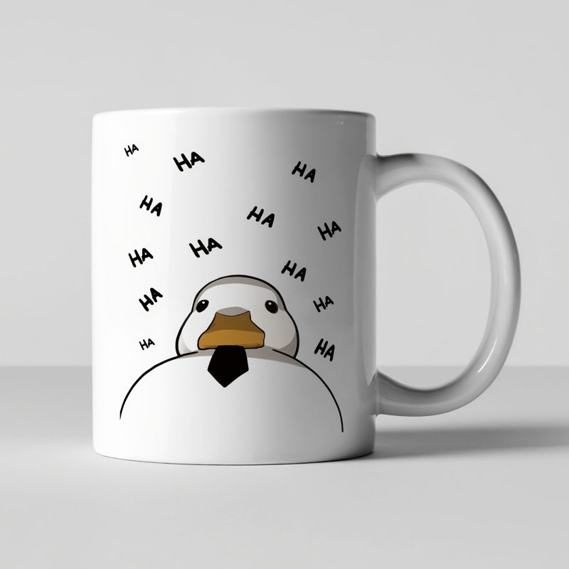 Tailorly White Ceramic 11 oz Mug - HA Chubby White Bird Wearing A Formal Black Necktie Laughing Out Loud Duck
