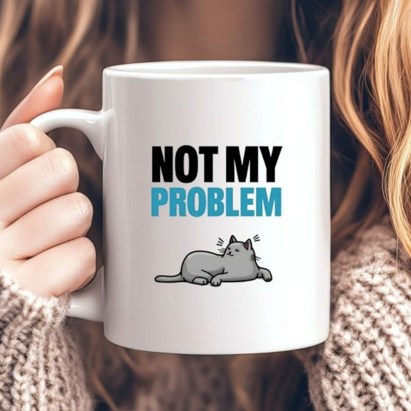 Tailorly White Ceramic 11 oz Mug - Not My Problem Lazy Grey Cartoon Feline Resting Flat On Cat