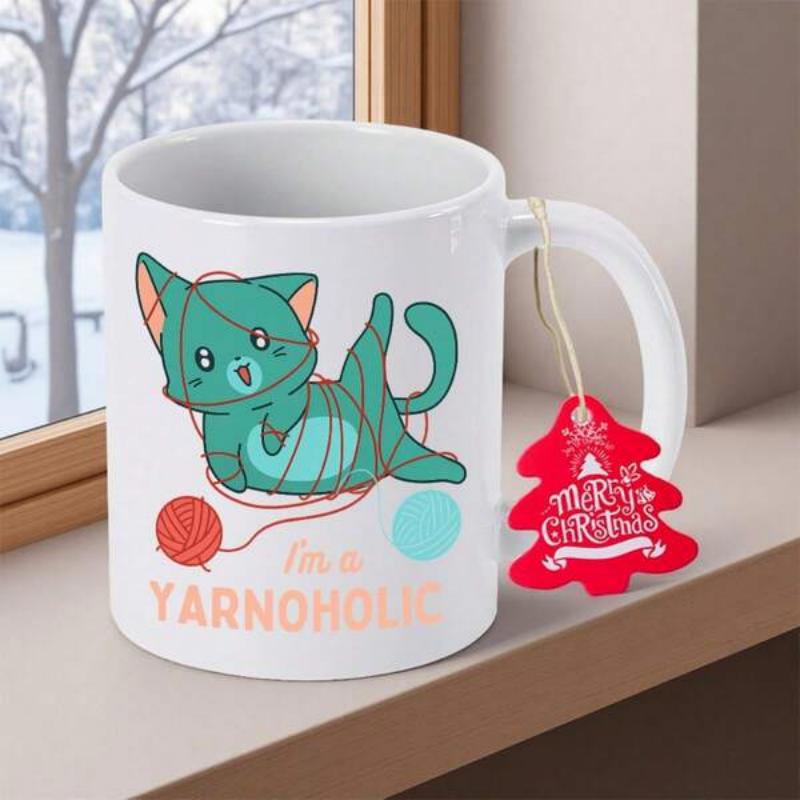 Tailorly White Ceramic 11 oz Mug - Im A Yarnoholic Adorable Teal Pet Tangled In Colorful Balls Of Soft Yarn Cat