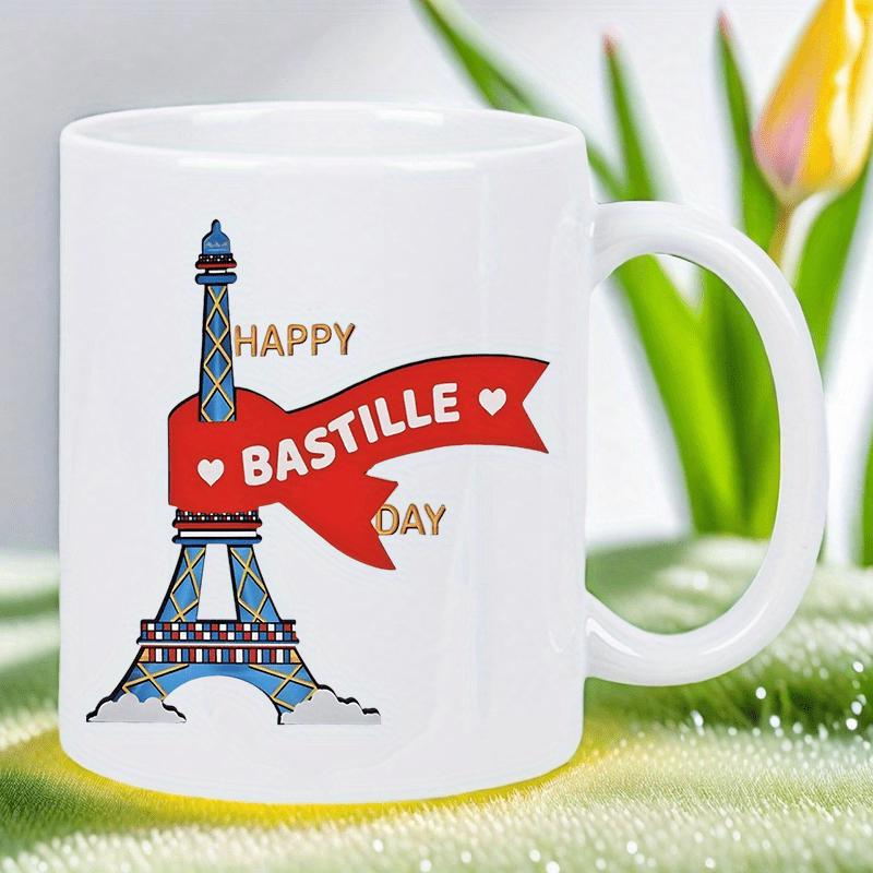 Tailorly White Ceramic 11 oz Mug - Happy Bastille Day Celebration Ribbon Wrapped Around Iconic French Landmark Architecture Tower