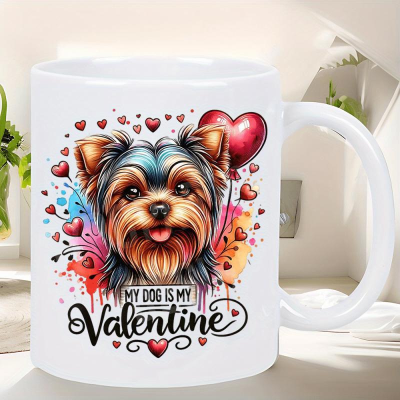 Tailorly White Ceramic 11 oz Mug - My Dog Is My Valentine Cute Yorkie Portrait With Floating Red Hearts And Watercolor Splashes Dog