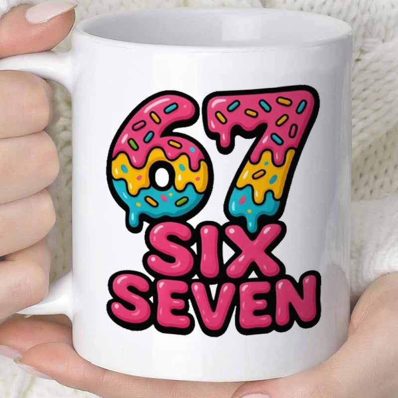 Tailorly White Ceramic 11 oz Mug - Six Seven Vibrant Melting Donut Glaze With Rainbow Sprinkles And Dripping Frosting Number