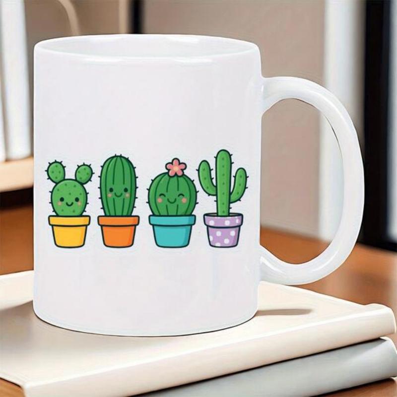 Tailorly White Ceramic 11 oz Mug - Adorable Smiling Potted Desert Plants Arranged In Colorful Small Pots Cactus