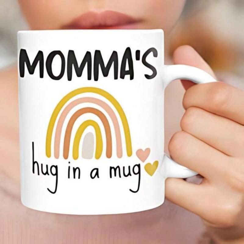 Tailorly White Ceramic 11 oz Mug - Mommas Hug In A Mug Minimalist Earth Tone Bohemian Arched Lines With Two Small Hearts Rainbow