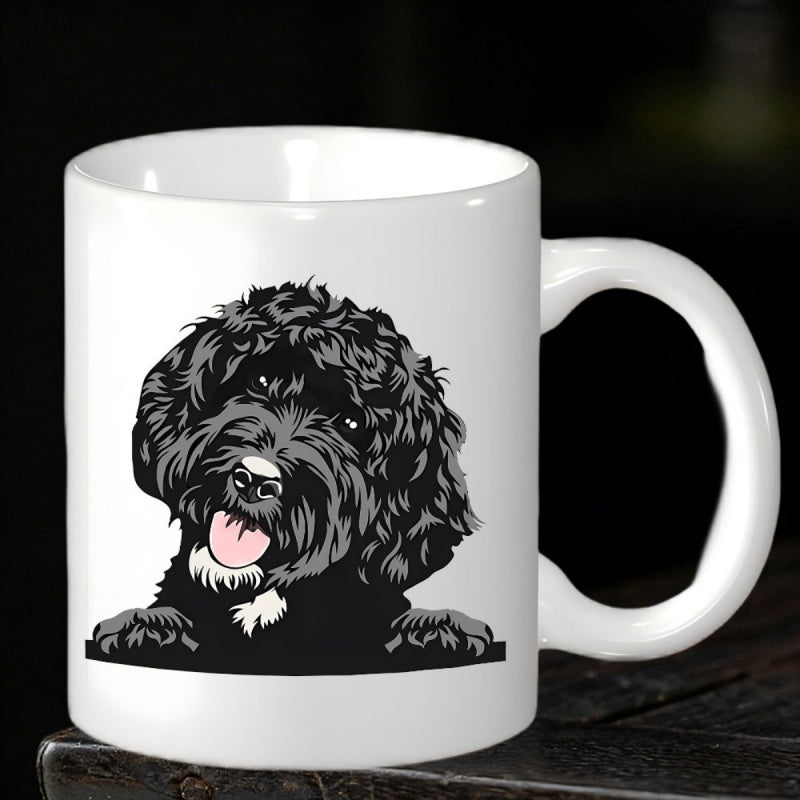 Tailorly White Ceramic 11 oz Mug - Charming Curly Black Poodle Peeking Over Edge With Tiny Paws Dog