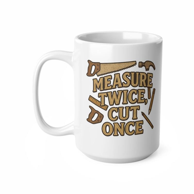 Tailorly White Ceramic 11 oz Mug - Measure Twice Cut Once Hand Drawn Carpentry Tools With Hammer And Saws Mug