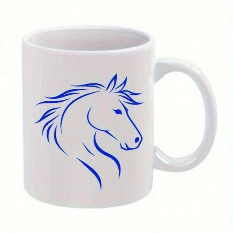 Tailorly White Ceramic 11 oz Mug - Minimalist Blue Line Art Silhouette Of A Majestic Galloping Horse