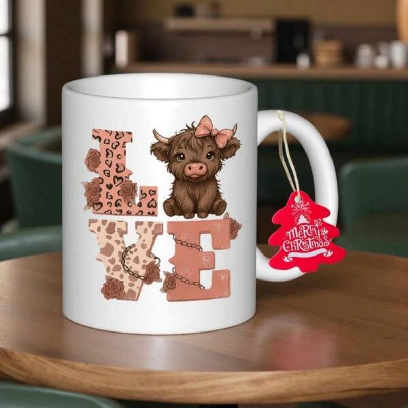 Tailorly White Ceramic 11 oz Mug - Love Cute Fluffy Baby Highland Cow Wearing A Pink Ribbon Bow Cow