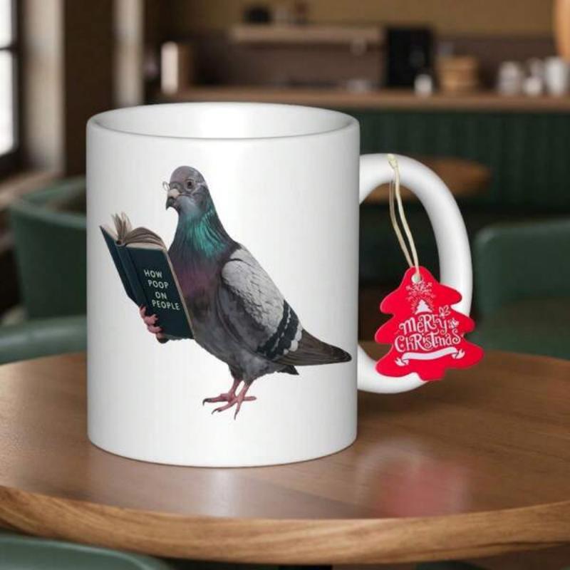 Tailorly White Ceramic 11 oz Mug - Merry Christmas Smart Academic Bird Wearing Spectacles While Engrossed In Reading Pigeon