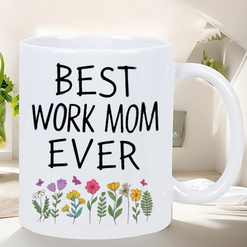 Tailorly White Ceramic 11 oz Mug - Best Work Mom Ever Elegant Garden Of Colorful Blooming Wildflowers With Delicate Butterflies Flower