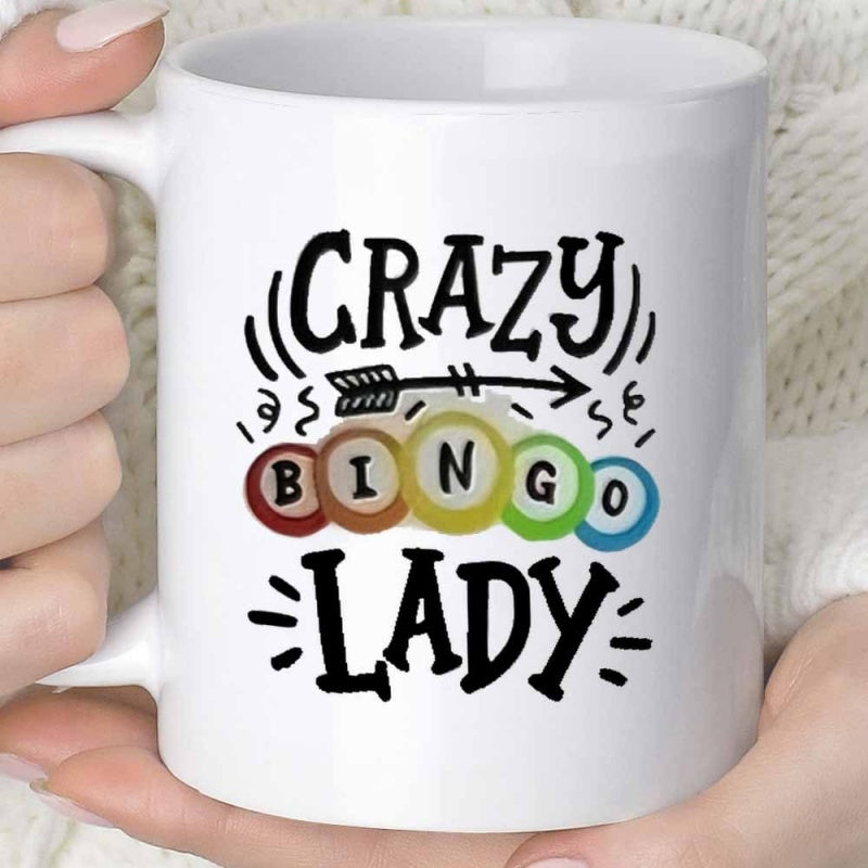 Tailorly White Ceramic 11 oz Mug - Crazy Bingo Lady Colorful Round Gaming Balls With Decorative Arrow Design Mug
