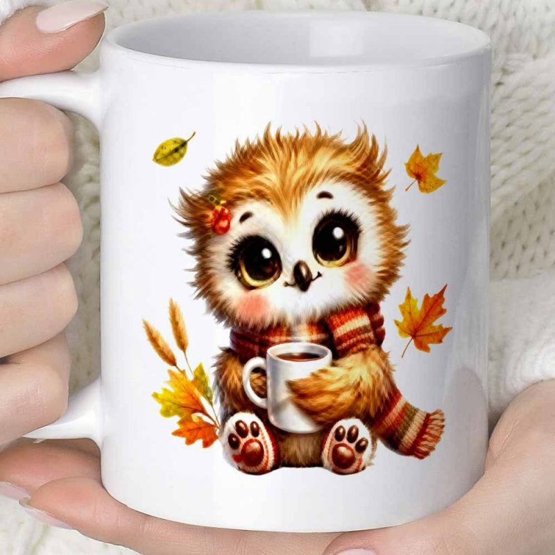 Tailorly White Ceramic 11 oz Mug - Charming Fluffy Brown Creature Wearing Warm Autumn Scarf Holding Hot Beverage Owl