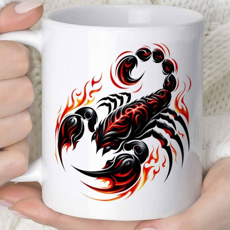 Tailorly White Ceramic 11 oz Mug - Fierce Tribal Pattern With Flickering Red Flames Surrounding A Lethal Stinging Scorpion