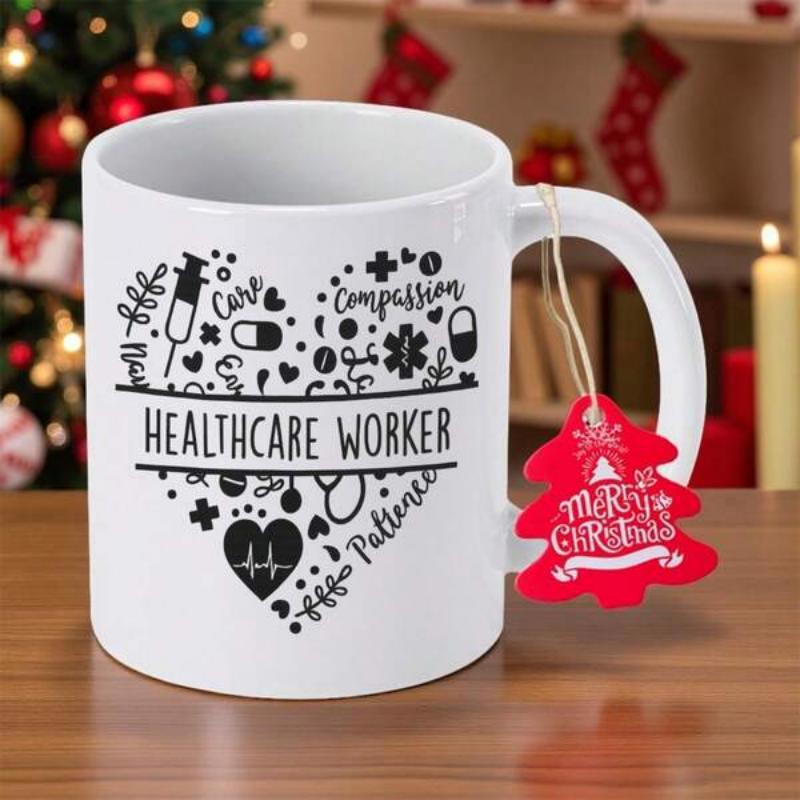 Tailorly White Ceramic 11 oz Mug - Healthcare Worker Care Compassion Patience Intricate Medical Icons And Symbols Arranged In A Decorative Style Heart