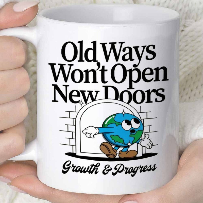 Tailorly White Ceramic 11 oz Mug - Old Ways Won't Open New Doors Growth Progress Retro Cartoon Globe Character Walking Through A White Arched Doorway Mug