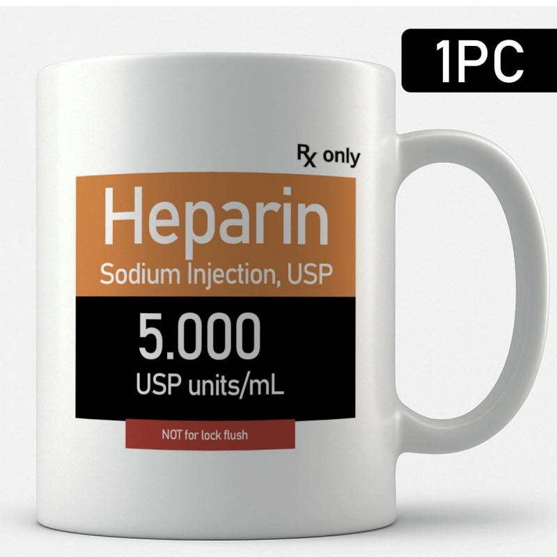 Tailorly White Ceramic 11 oz Mug - Heparin Sodium Injection USP Authentic Professional Medical Prescription Theme With Bold Colored Warning Stripe Label