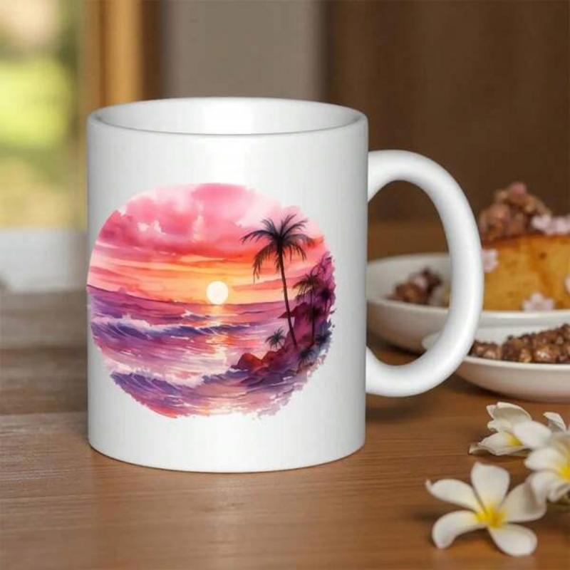 Tailorly White Ceramic 11 oz Mug - Vibrant Watercolor Sunset Over Gentle Purple Waves With A Lone Tropical Palm Tree Beach