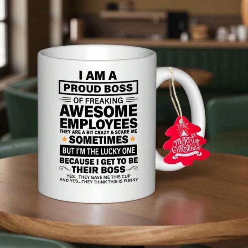 Tailorly White Ceramic 11 oz Mug - I Am A Proud Boss Of Freaking Awesome Employees Minimalist White Surface Decorated With Bold Typographic Layout And Stars Mug