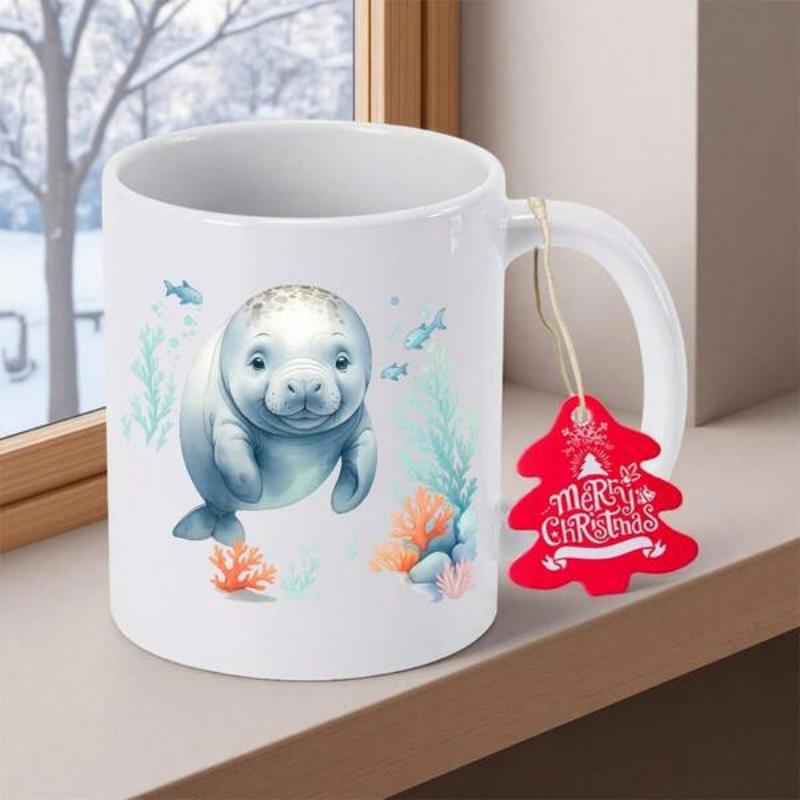 Tailorly White Ceramic 11 oz Mug - Merry Christmas Watercolor Ocean Scene With Cute Manatee And Vibrant Coral Reef Manatee