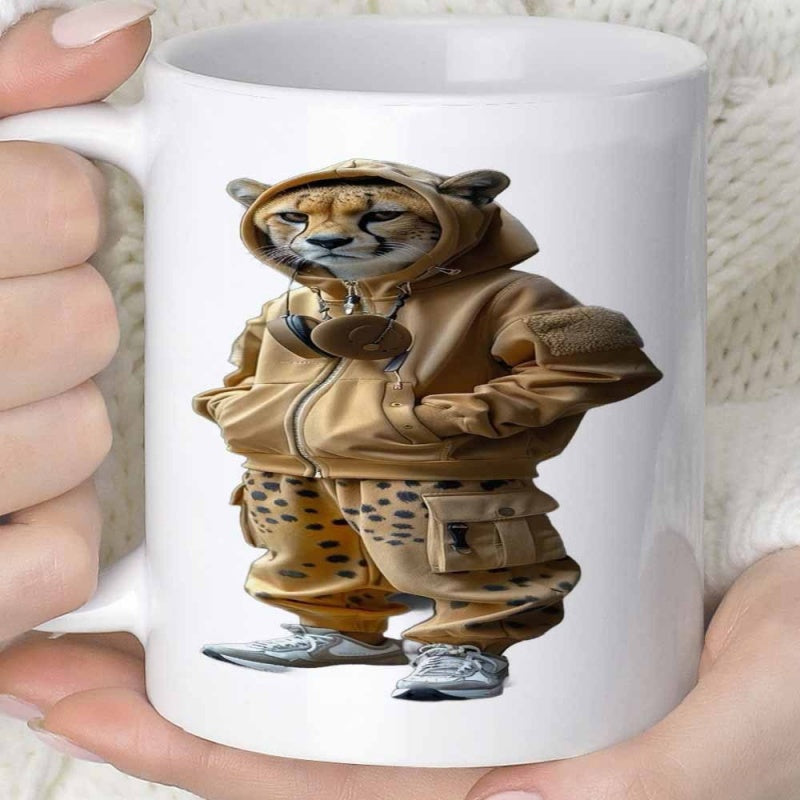 Tailorly White Ceramic 11 oz Mug - Cool Anthropomorphic Urban Style Wearing Tan Hoodie And Cargo Pants Cheetah
