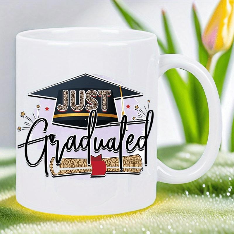Tailorly White Ceramic 11 oz Mug - Just Graduated Festive Black Graduation Cap And Diploma Scroll Among Sparkling Decorative Stars Mortarboard