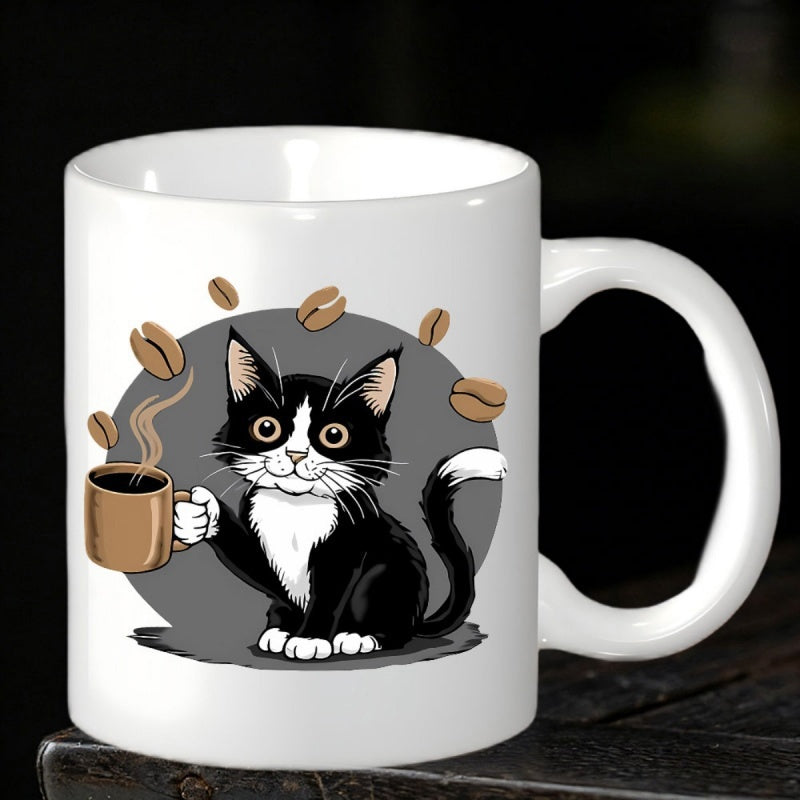 Tailorly White Ceramic 11 oz Mug - Cute Tuxedo Cat Holding A Steaming Mug With Floating Coffee Beans Cat