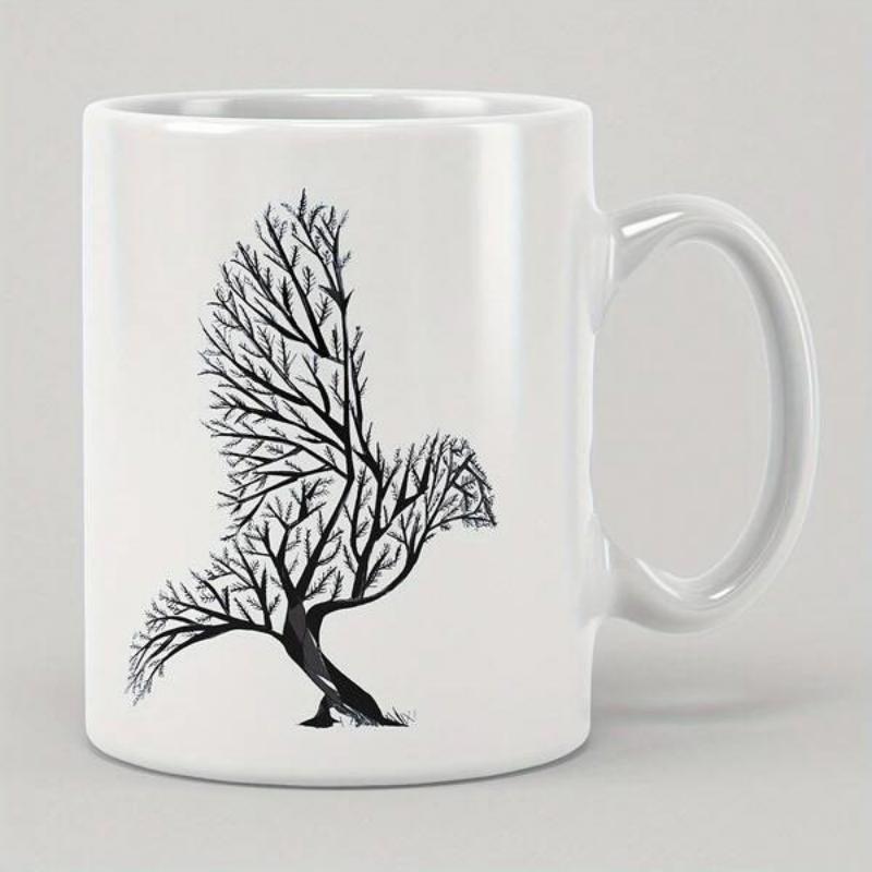 Tailorly White Ceramic 11 oz Mug - Minimalist Black Ink Style Tree Branches Forming A Soaring Nature Bird