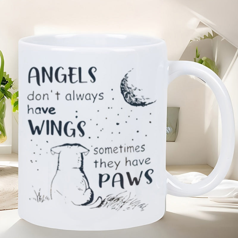 Tailorly White Ceramic 11 oz Mug - Angels Don't Always Have Wings Sometimes They Have Paws Quiet Sitting Dog Under Crescent Moon And Small Glimmering Stars Dog